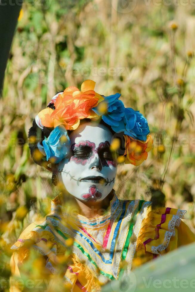 messicano donna nel colorato vestito e cranio trucco nel il messicano deserto cactus foto