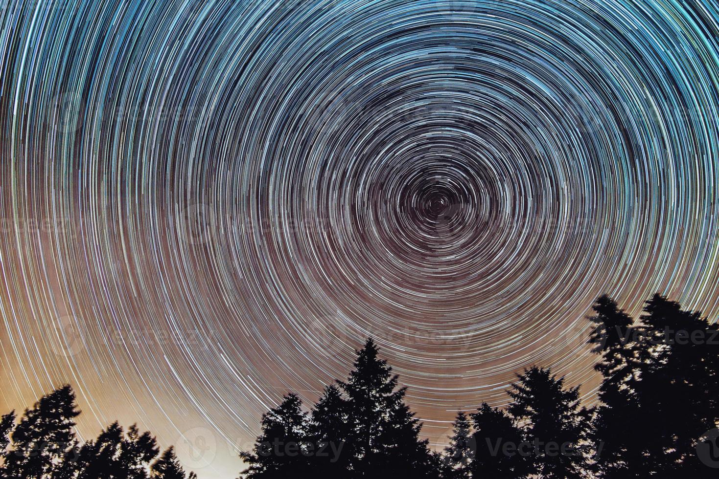 tracce stellari nel cielo notturno, lasso di tempo di tracce stellari, alberi di pino in primo piano, avala, belgrado, serbia. il cielo notturno è astronomicamente preciso. foto