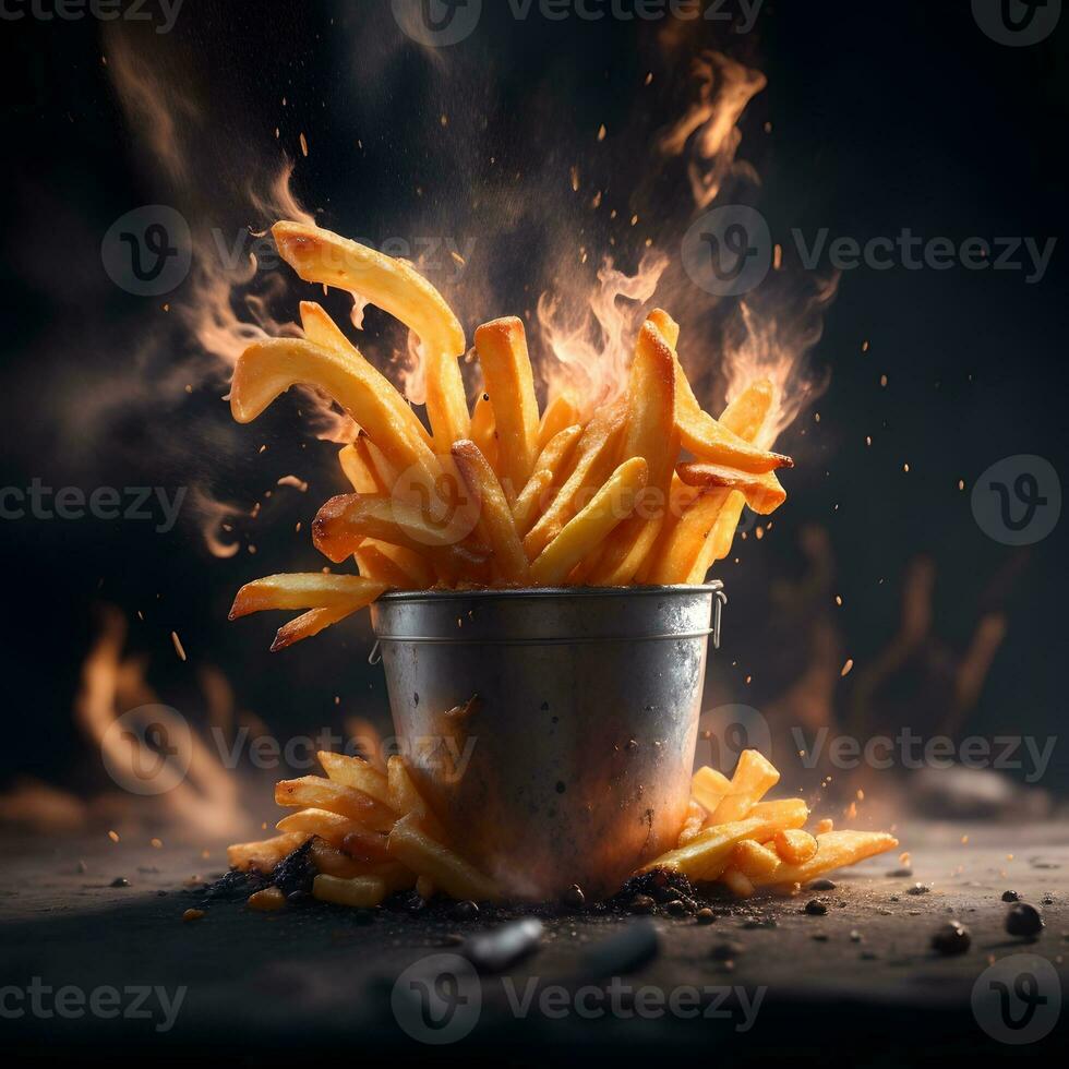 francese patatine fritte Engulfed nel ardente fiamme generato di ai foto