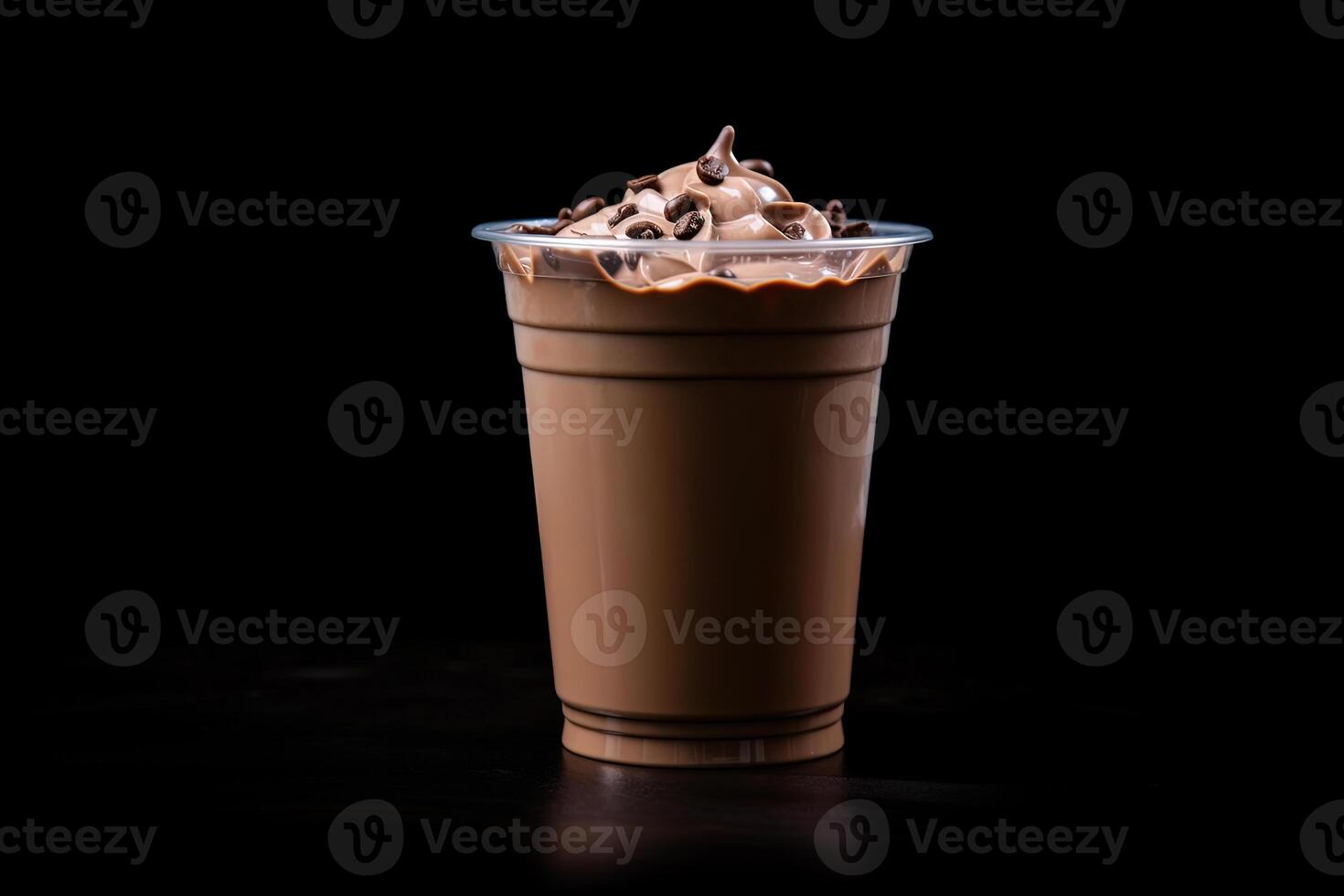 cioccolato frappè nel plastica porta via tazza isolato su nero sfondo. ai generato foto