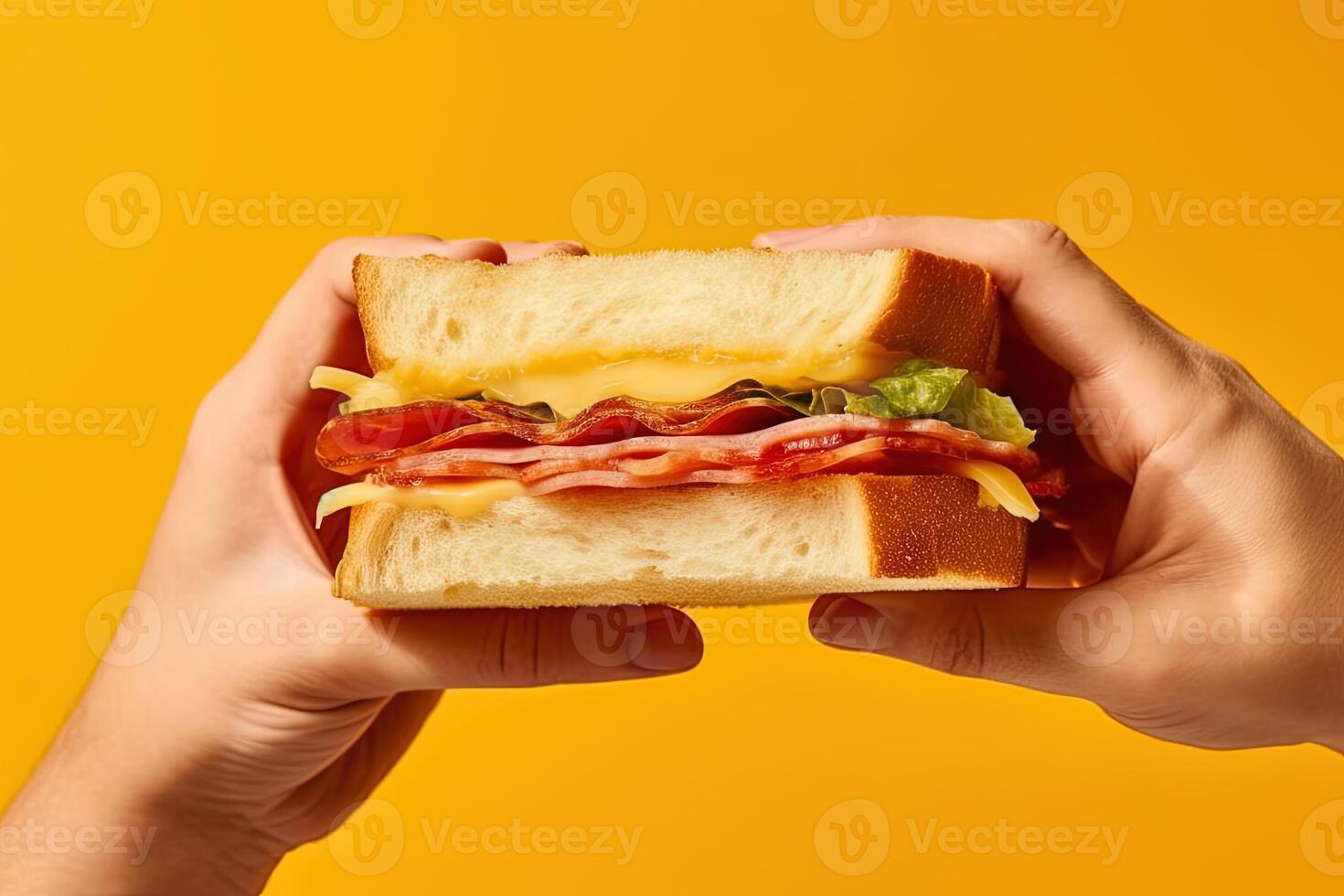 mano Tenere gustoso Sandwich su un' giallo sfondo. ai generato foto