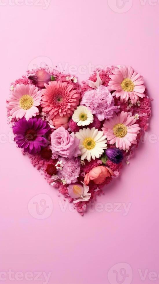 rosa cuore fatto di fiori. cuore forma fatto di primavera fiori su rosa pastello sfondo. ai generato foto