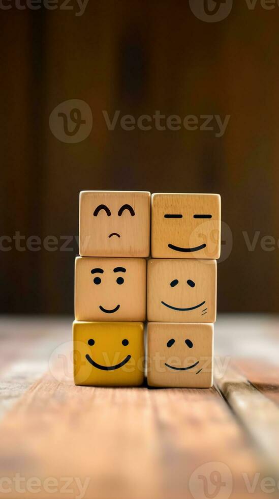 domino su di legno sfondo. emoticon viso su di legno cubo. ai generato foto