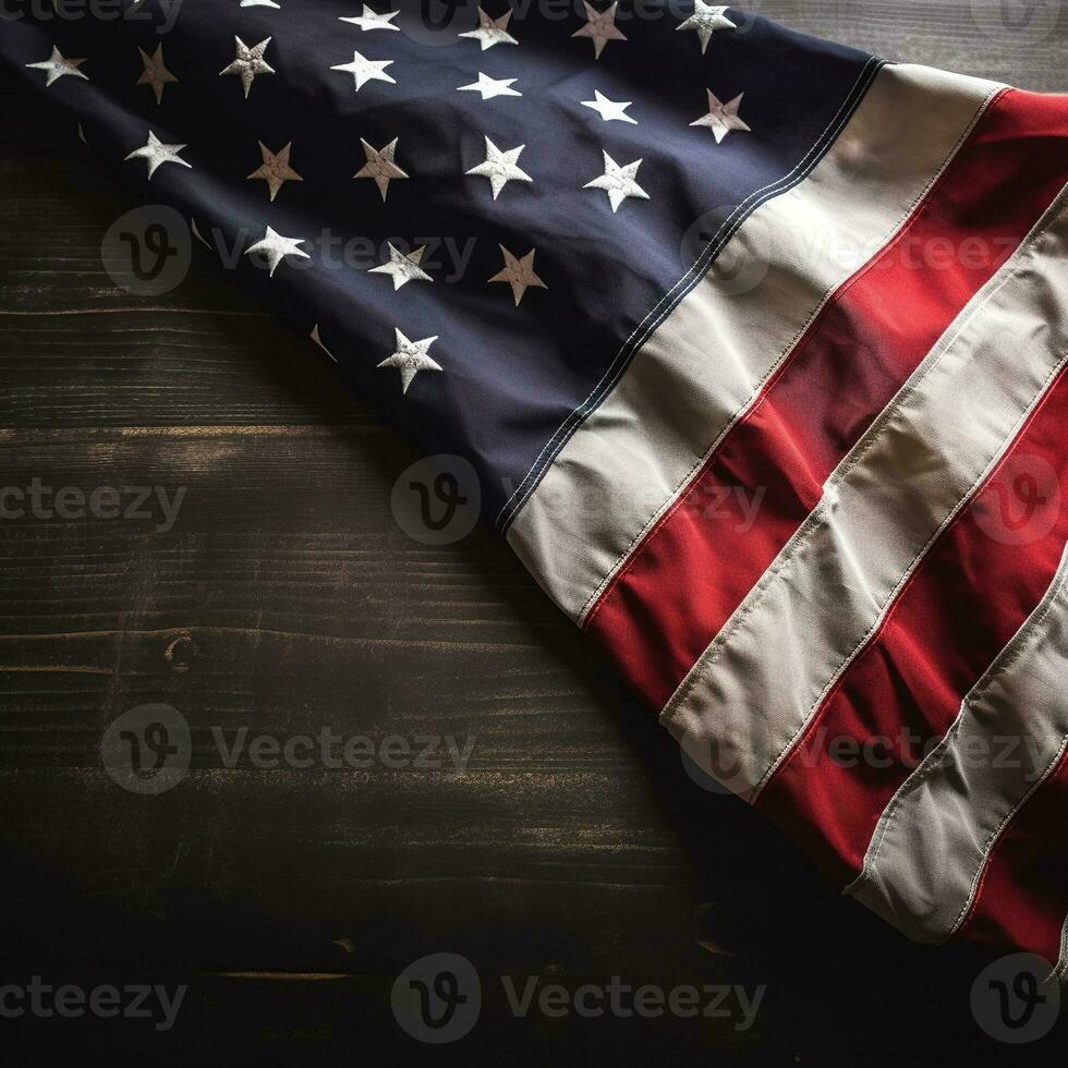americano bandiera su un' tavolo. contento veterani giorno concetto fatto a partire dal americano bandiera. ai generato foto