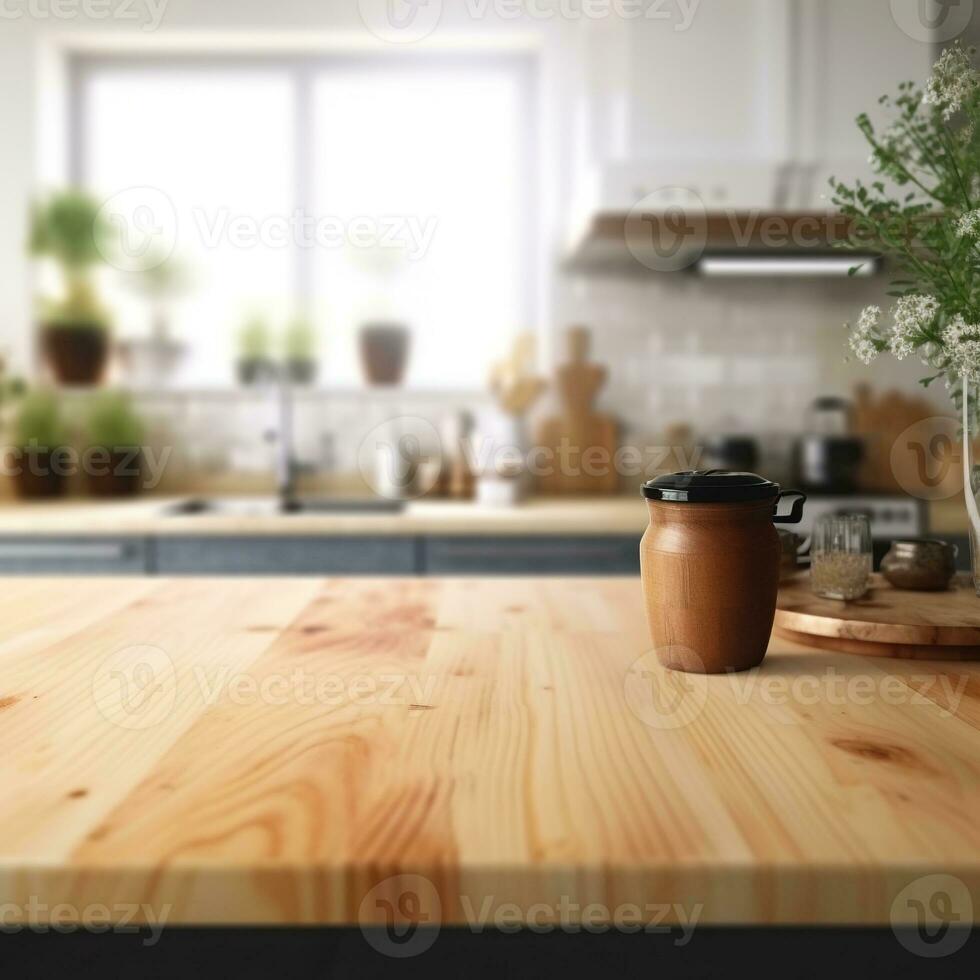 tavolo superiore. di legno superiore tavolo nel cucina interno per Prodotto Schermo. ai generato foto