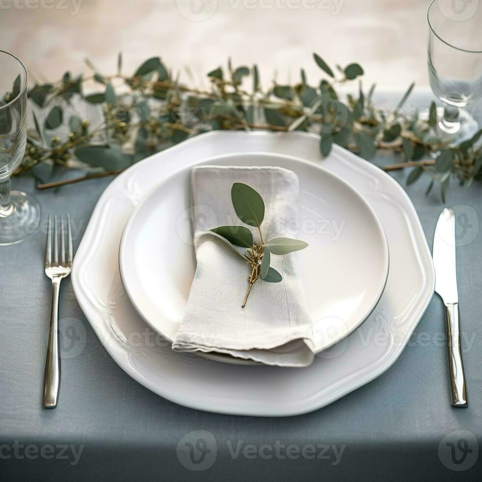 posto ambientazione per cena. elegante tavolo decorato con eucalipto rami. ai generato foto
