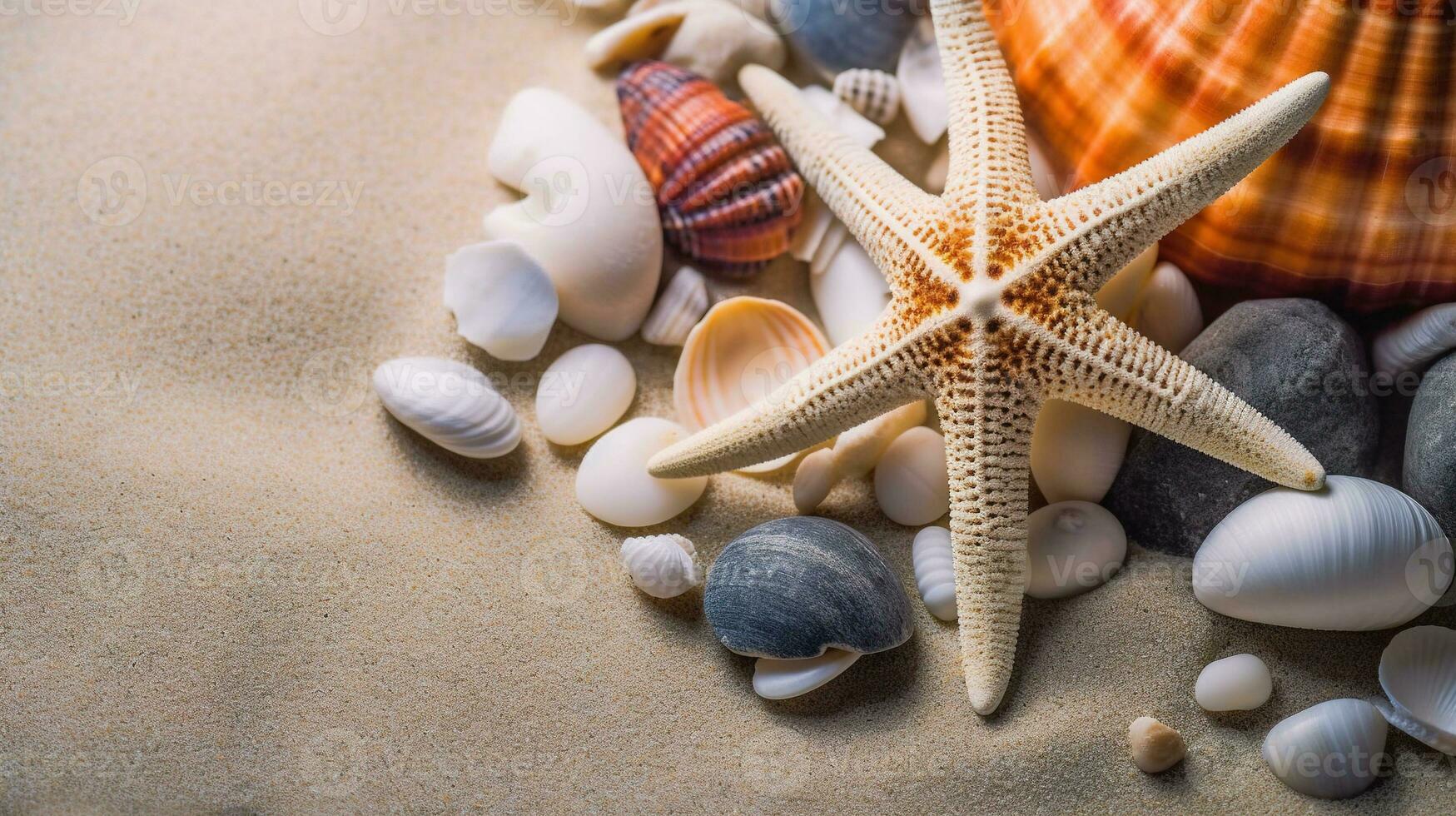 mare conchiglie su il sabbia stella marina mare pietre e conchiglie sfondo ai generato foto