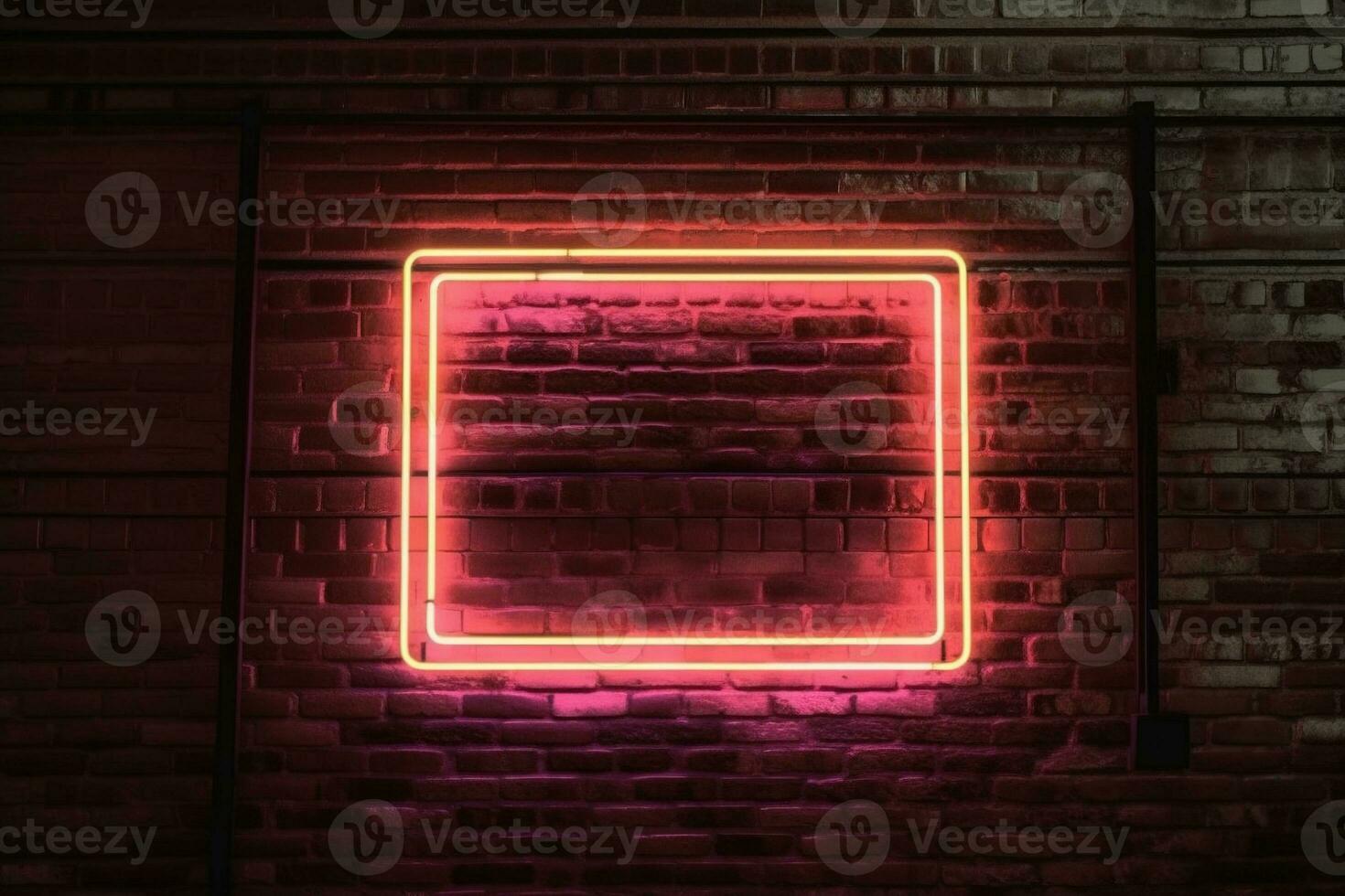 rosso parete con luce. mattone parete e piazza neon cartello telaio. ai generato foto