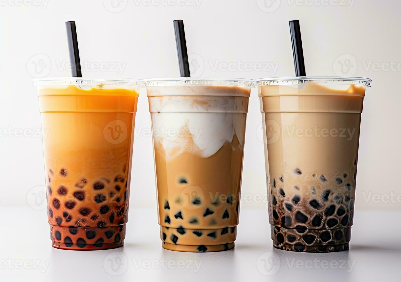 generativo ai illustrazione di Prodotto foto di 3 plastica tazze di boba latte Tè, con bolle, divertimento, solido morbido pastello sfondo
