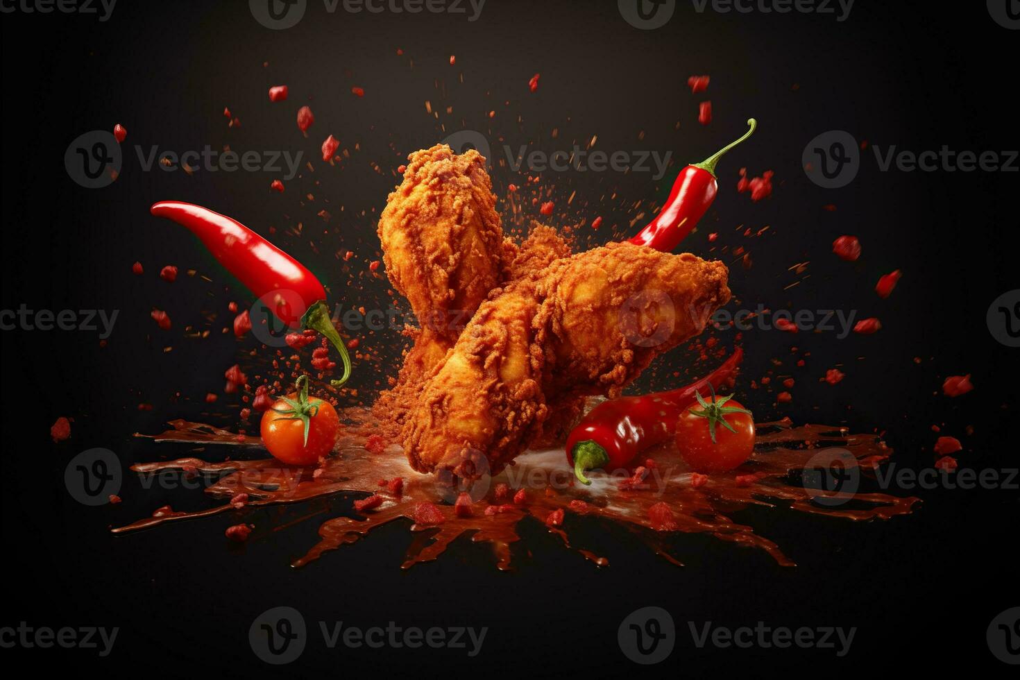 generativo ai illustrazione di rosso chili Pepe spruzzi con fritte pollo su solido colore sfondo foto