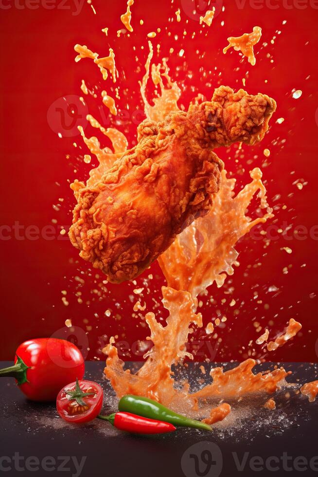 generativo ai illustrazione di rosso chili Pepe spruzzi con fritte pollo su solido colore sfondo foto