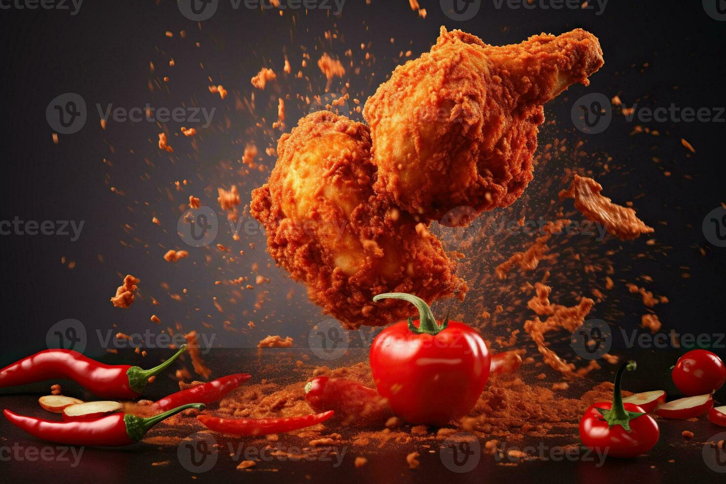 generativo ai illustrazione di rosso chili Pepe spruzzi con fritte pollo su solido colore sfondo foto