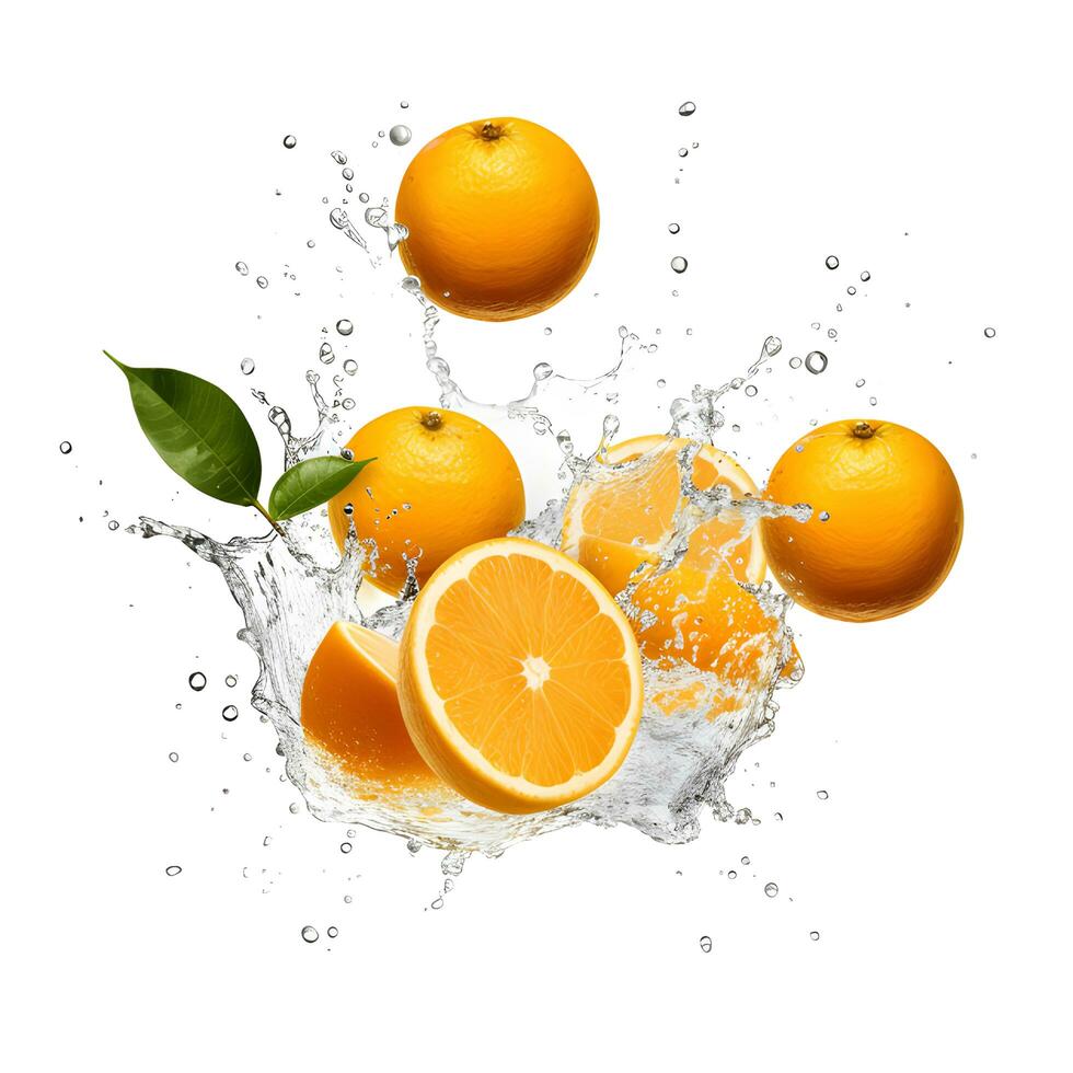 arancia con acqua spruzzo su bianca sfondo. generativo ai foto
