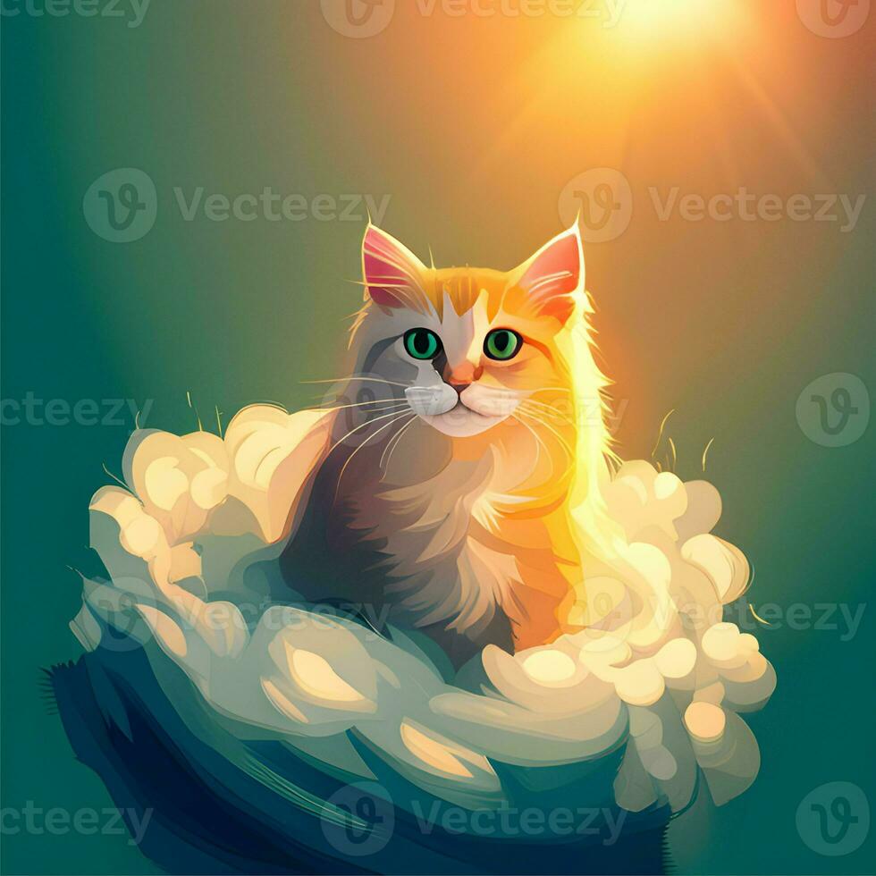 illustrazione di un' carino gatto seduta su un' nube e godendo manifesto, striscione, vestire, Stampa, camicia design. internazionale gatto giorno foto