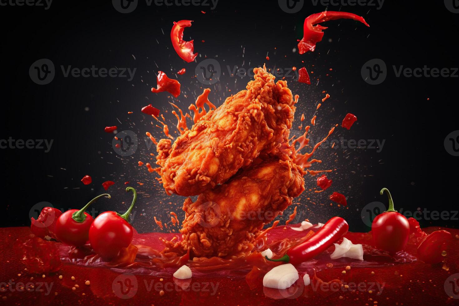 generativo ai illustrazione di rosso chili Pepe spruzzi con fritte pollo su solido colore sfondo foto