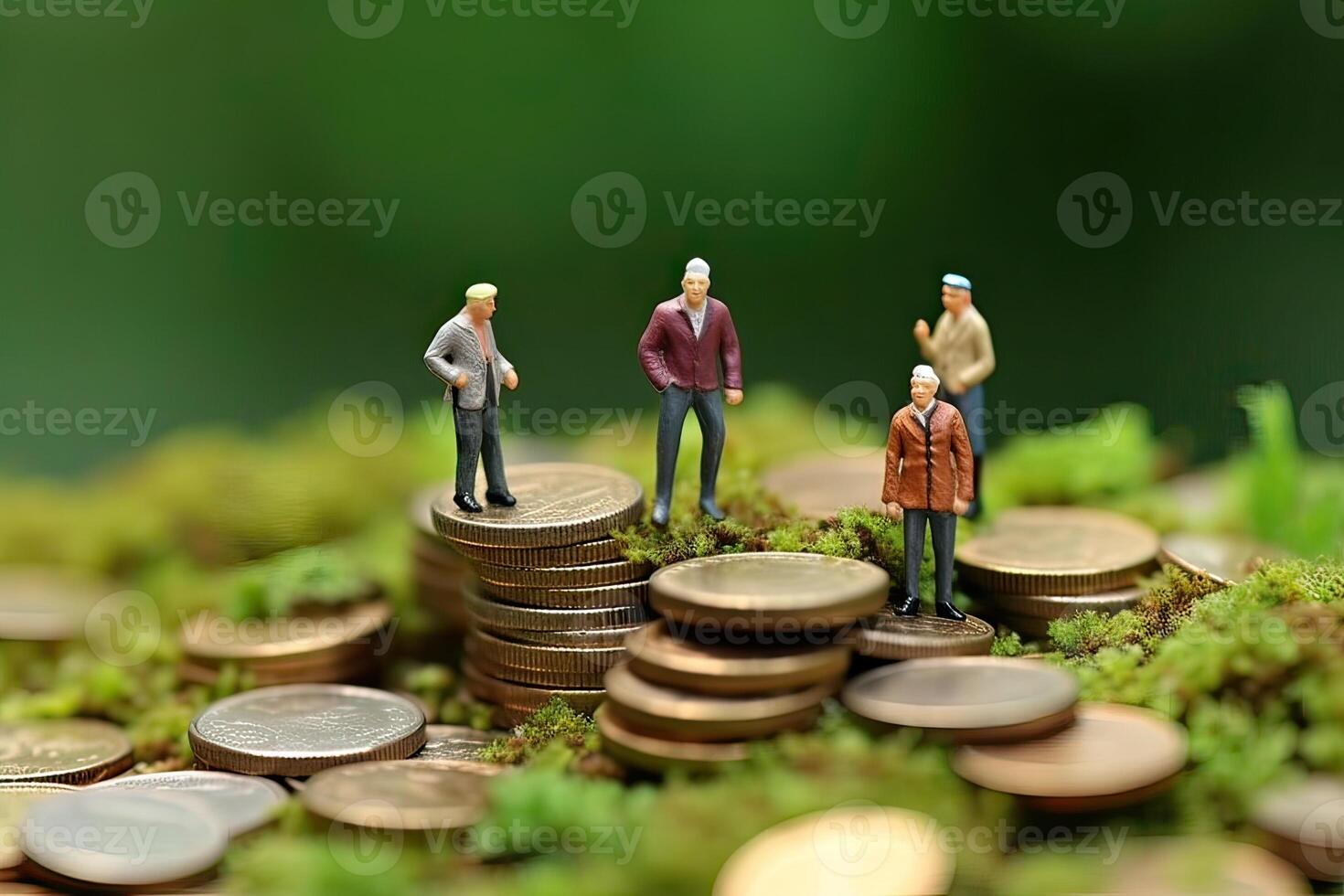 generativo ai illustrazione di miniatura figure persone In piedi su monete. anziano persone e loro risparmio, pensione foto