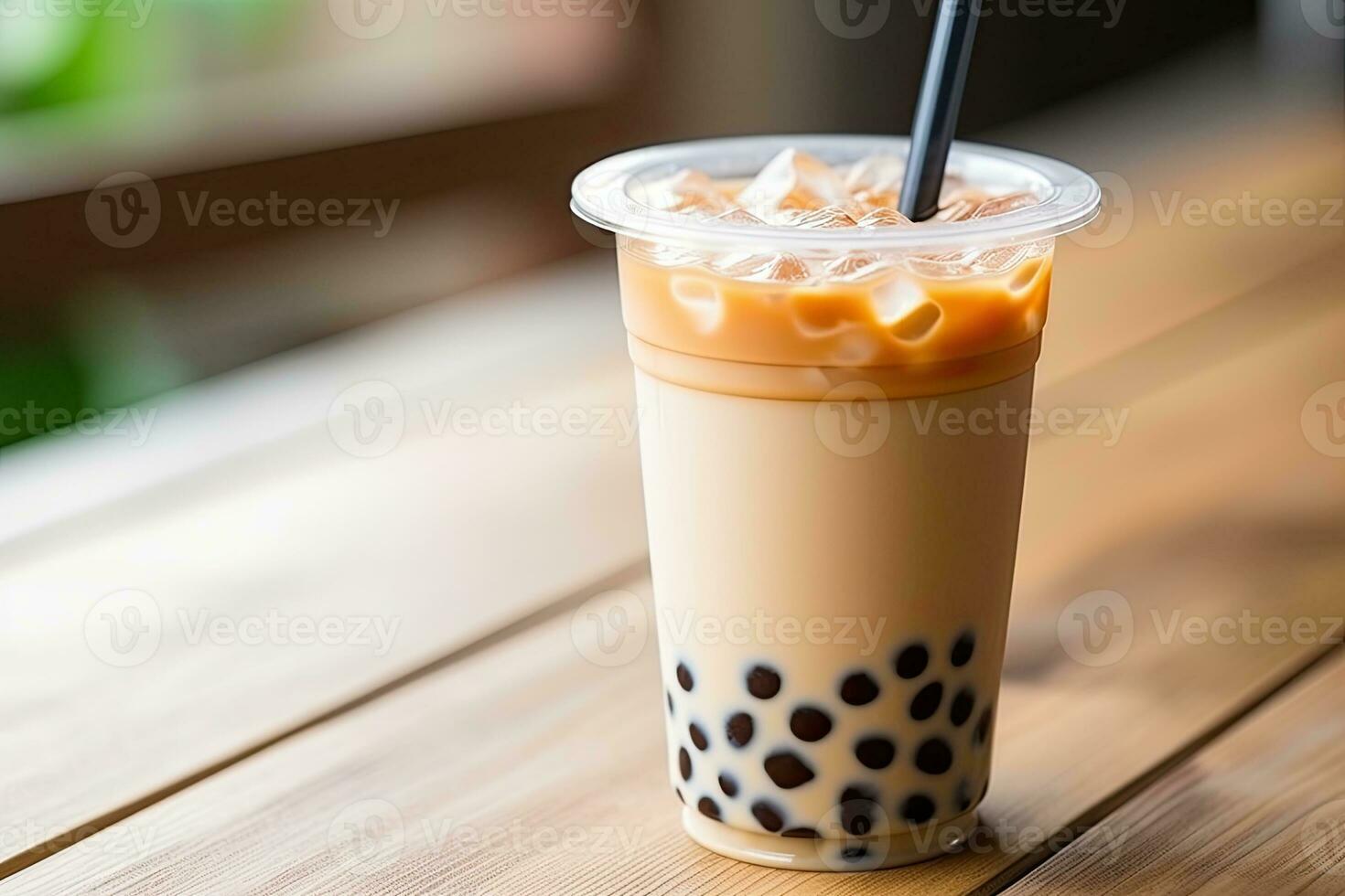 generativo ai illustrazione di Taiwan boba latte tè con bolla su legna tavolo foto