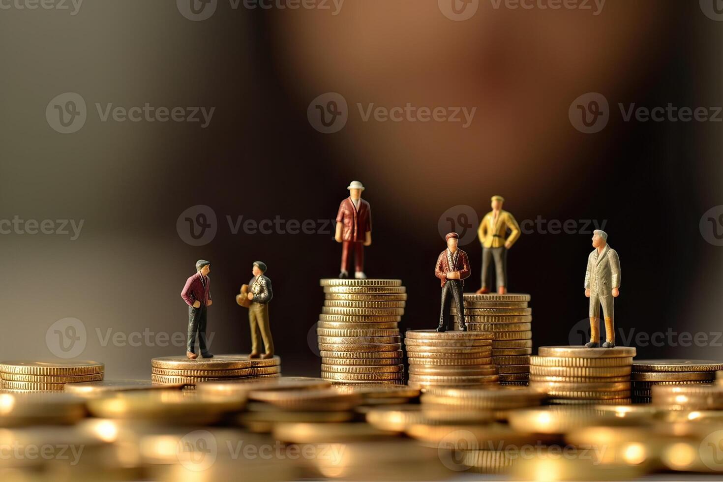 generativo ai illustrazione di miniatura figure persone In piedi su monete. anziano persone e loro risparmio, pensione foto