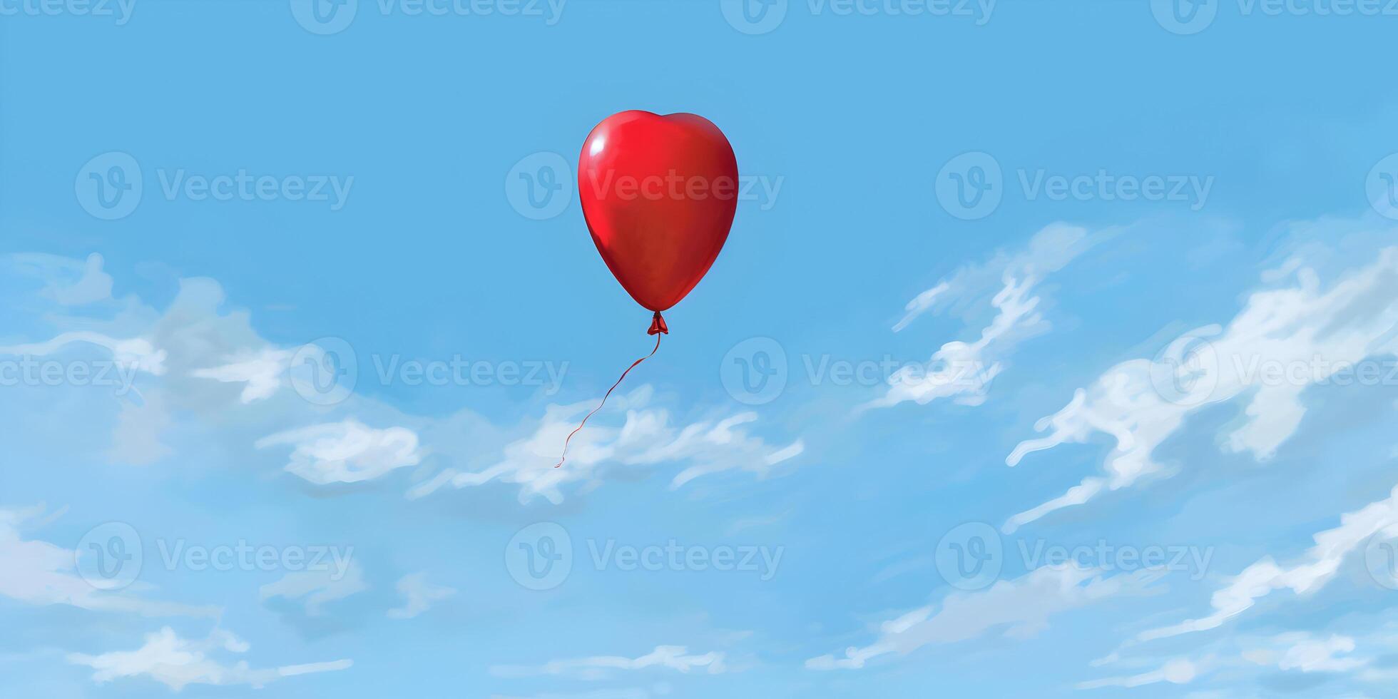 luminosa rosso cuore sagomato Palloncino nel il blu cielo con bianca nuvole. ai generato foto