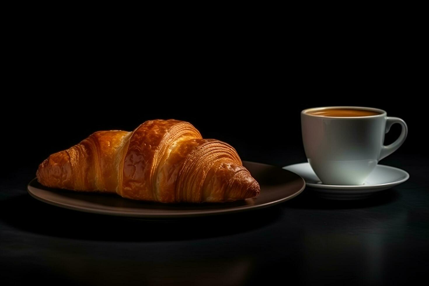 tazza di caffè e Cornetti isolato su un' nero sfondo. ai generato foto