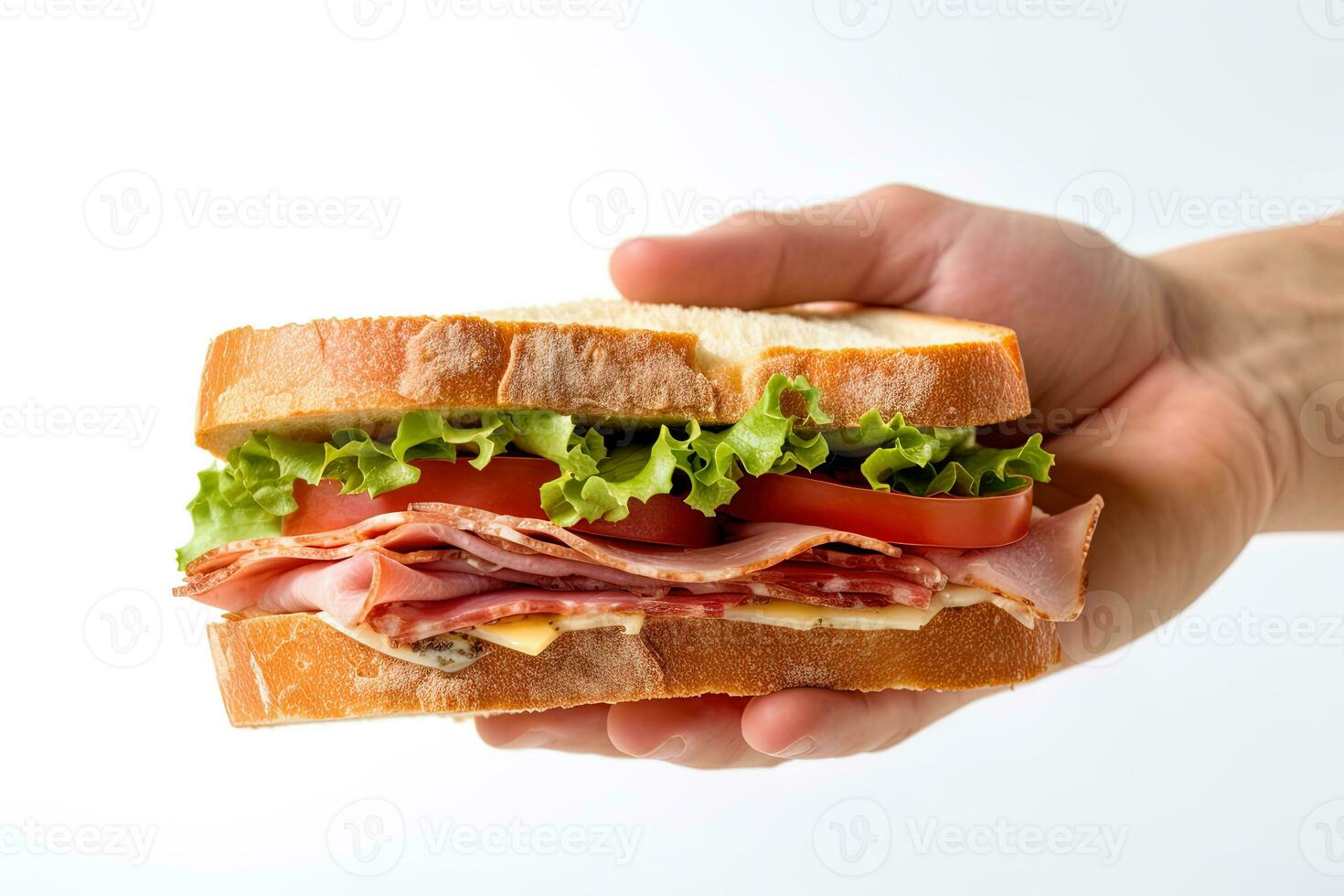 mano Tenere gustoso Sandwich su un' bianca sfondo. ai generato foto