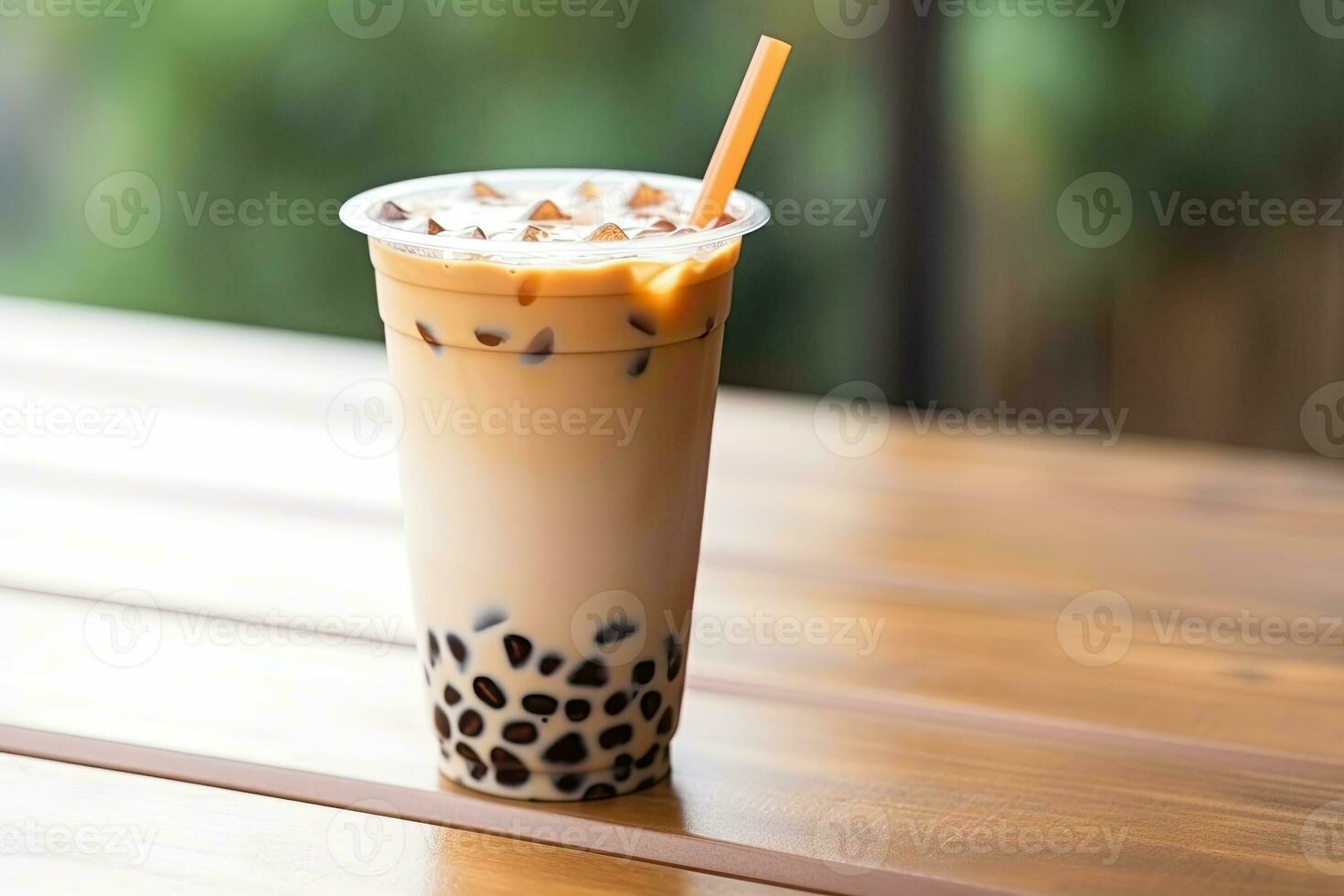 generativo ai illustrazione di Taiwan boba latte tè con bolla su legna tavolo foto