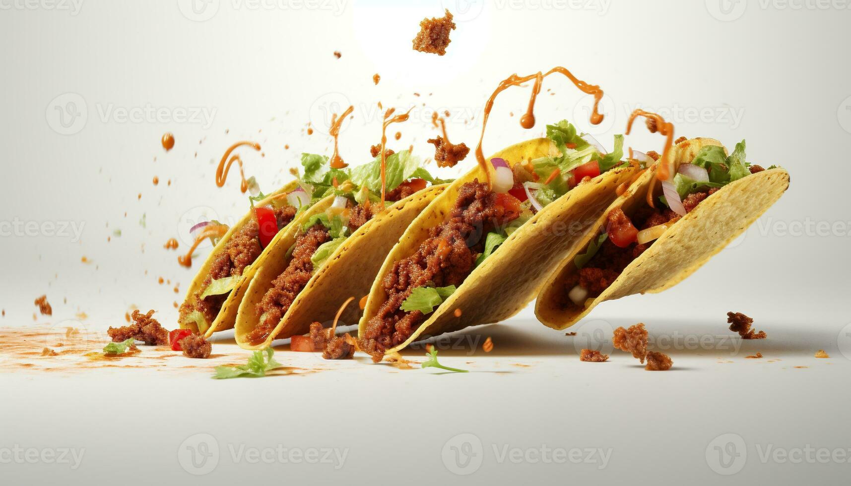 generativo ai illustrazione di volante tacos per cibo commerciale, vuoto sfondo foto