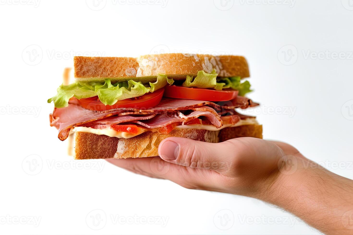 mano Tenere gustoso Sandwich su un' bianca sfondo. ai generato foto