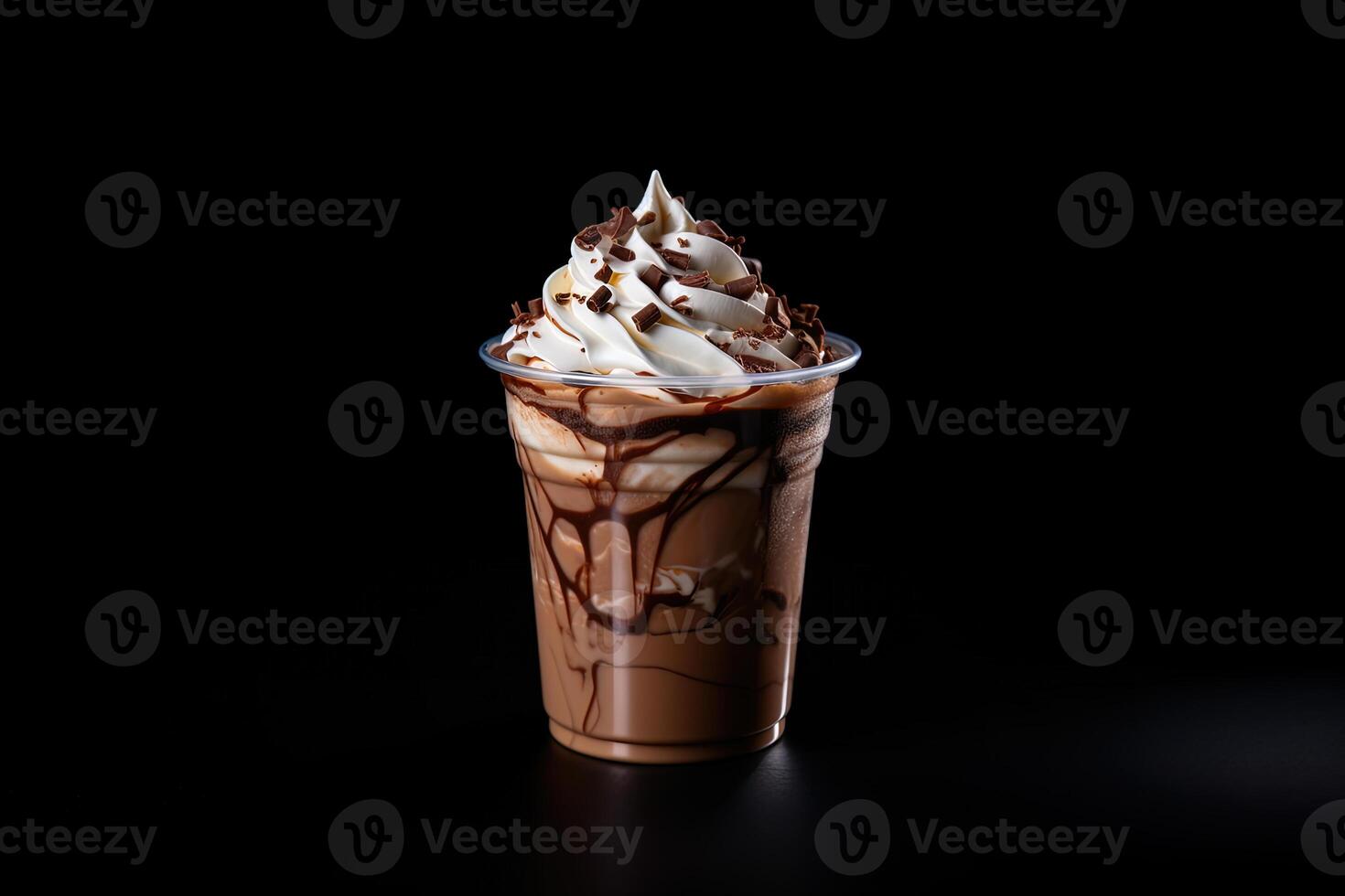 cioccolato frappè nel plastica porta via tazza isolato su nero sfondo. ai generato foto