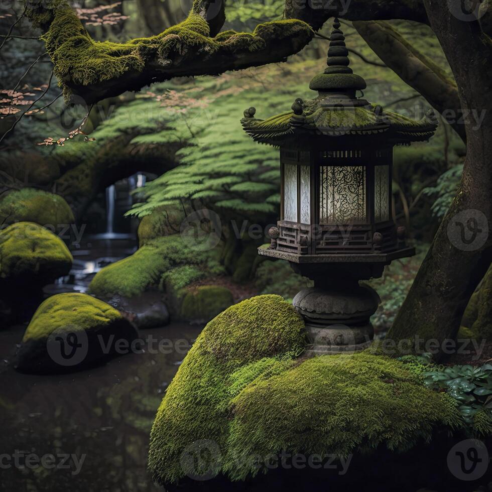 giapponese zen giardino, il Immagine include un' cascata fluente nel il sfondo con muschio coperto lanterna in piedi nel il primo piano, generativo ai foto