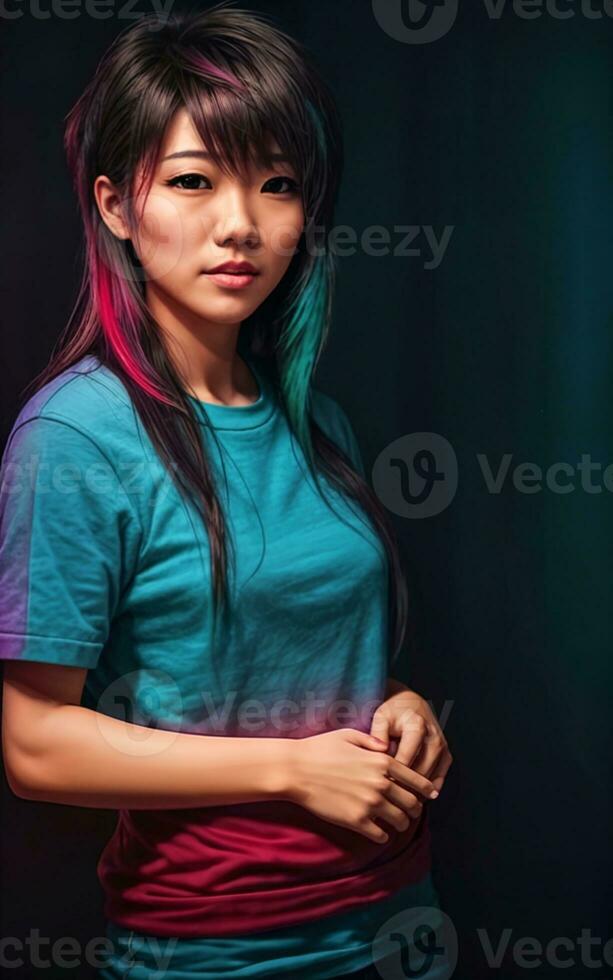 ritratto foto di bellissimo adolescenziale asiatico donna con trend acconciatura nel buio camera con leggero nel sfondo, generativo ai