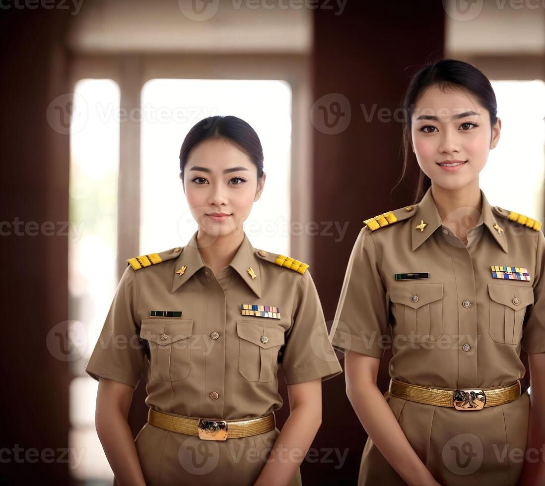 foto di mezzo anziano asiatico donna nel tailandese insegnante uniforme, generativo ai