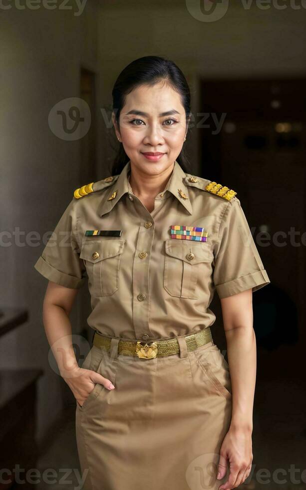 foto di mezzo anziano asiatico donna nel tailandese insegnante uniforme, generativo ai