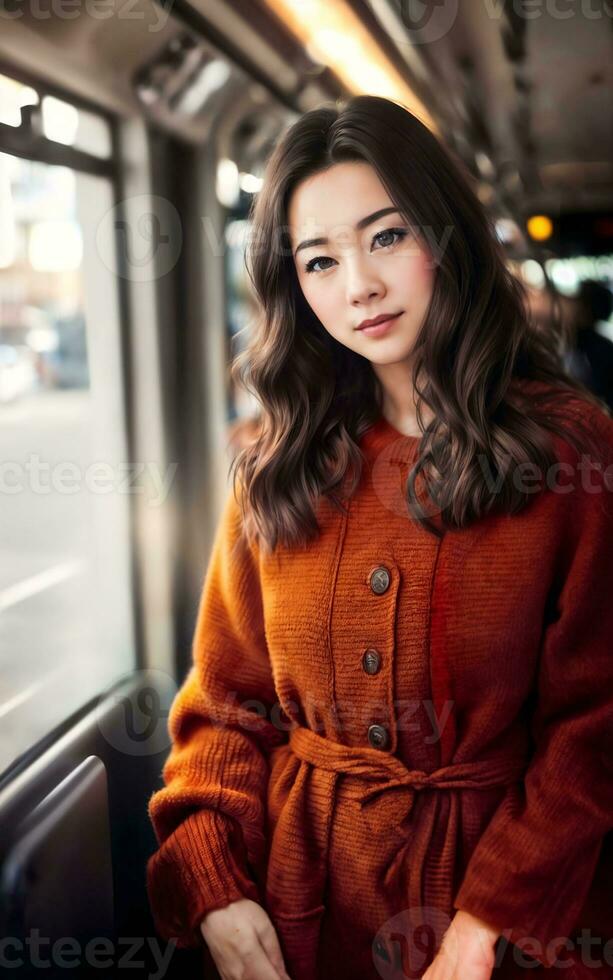 bellissimo donna in piedi dentro pubblico autobus trasporto, generativo ai foto