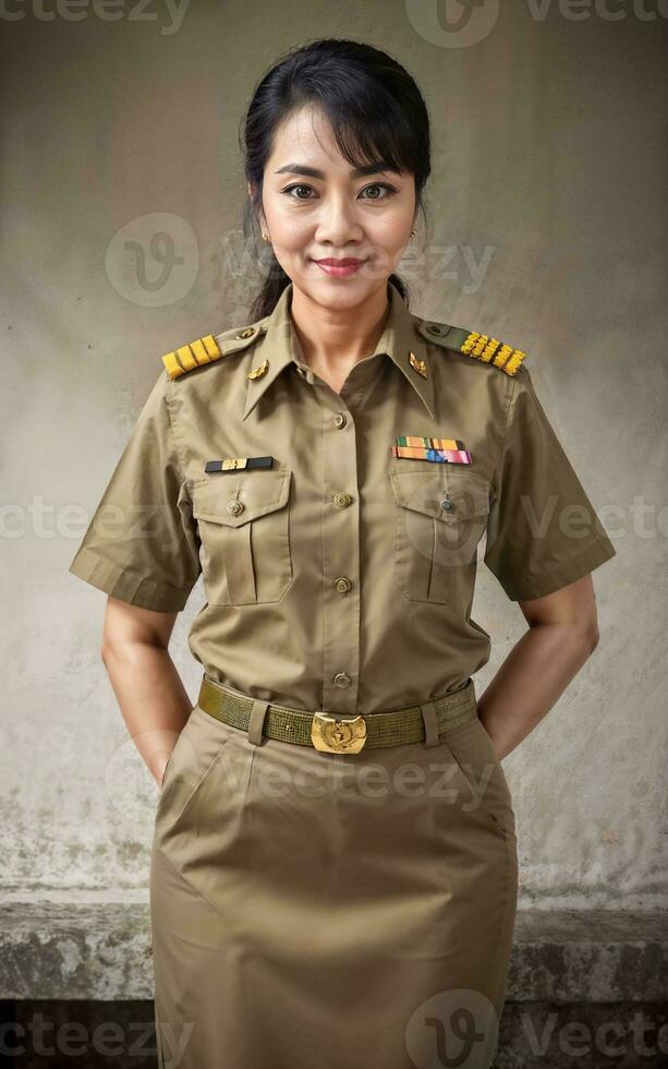 foto di mezzo anziano asiatico donna nel tailandese insegnante uniforme, generativo ai