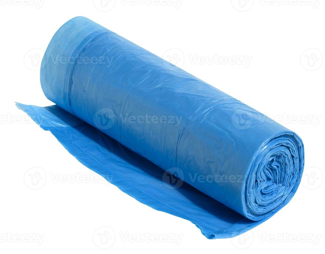 blu plastica spazzatura borse con stringhe su bianca sfondo, vicino su foto