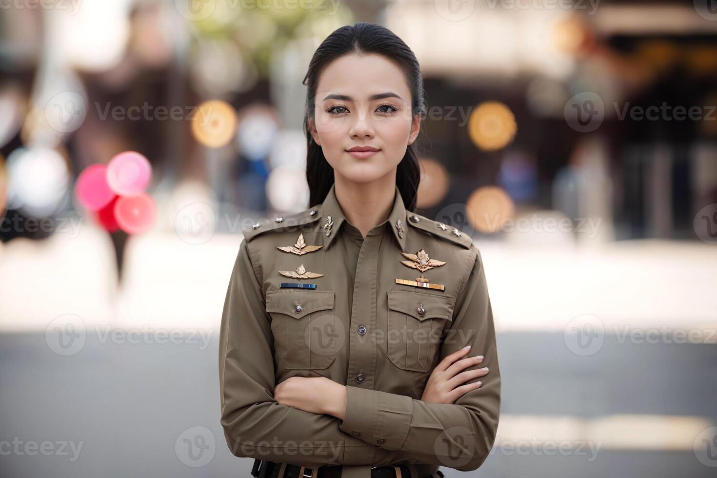 foto di asiatico donna nel tailandese polizia ufficiale uniforme, generativo ai