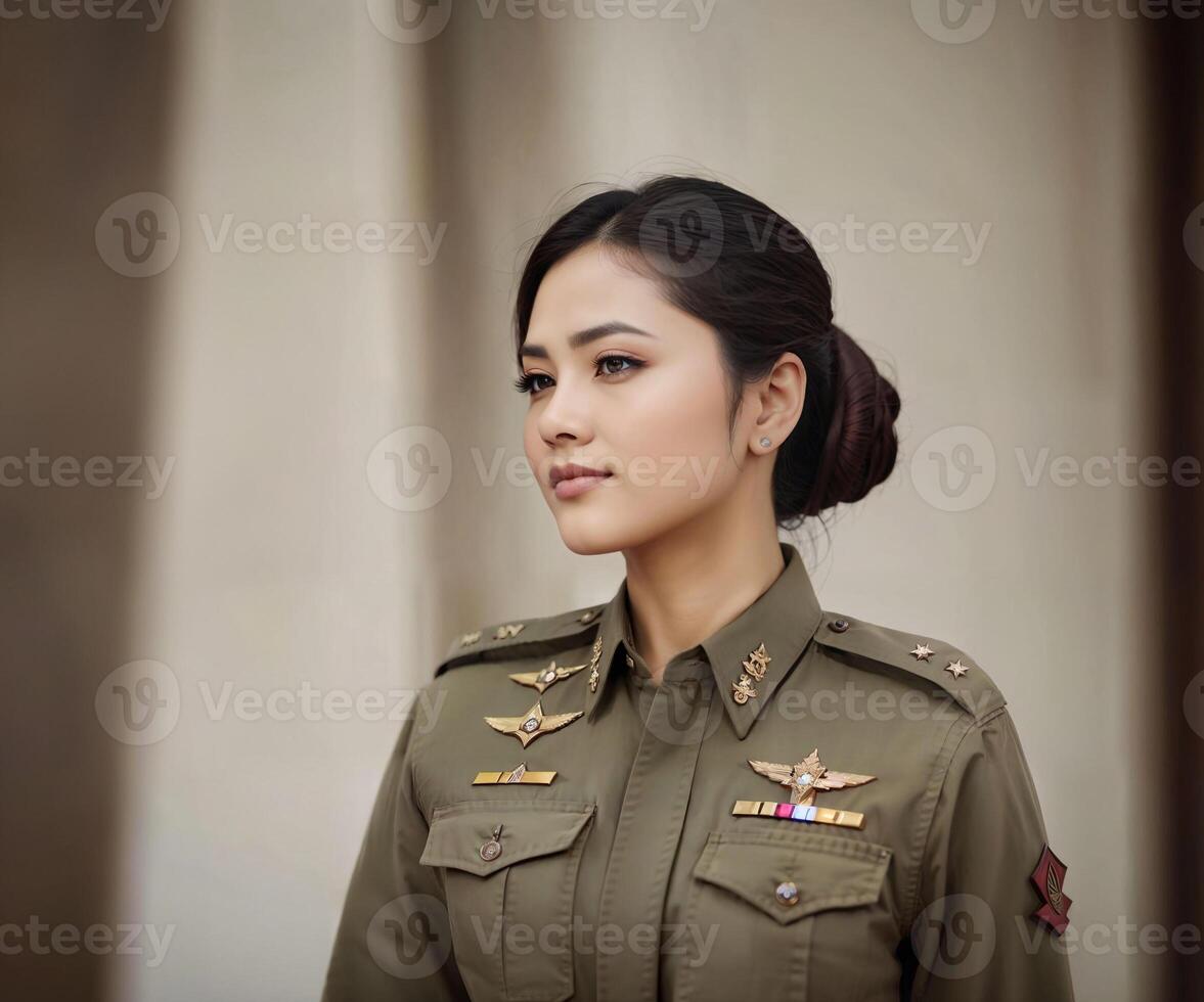 foto di asiatico donna nel tailandese polizia ufficiale uniforme, generativo ai