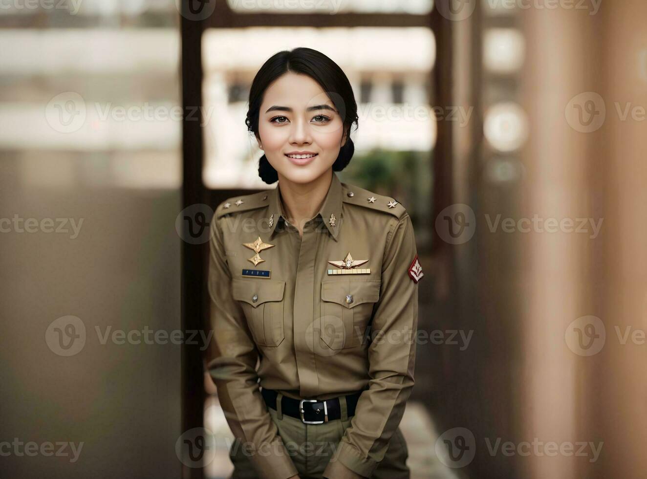 foto di asiatico donna nel tailandese polizia ufficiale uniforme, generativo ai