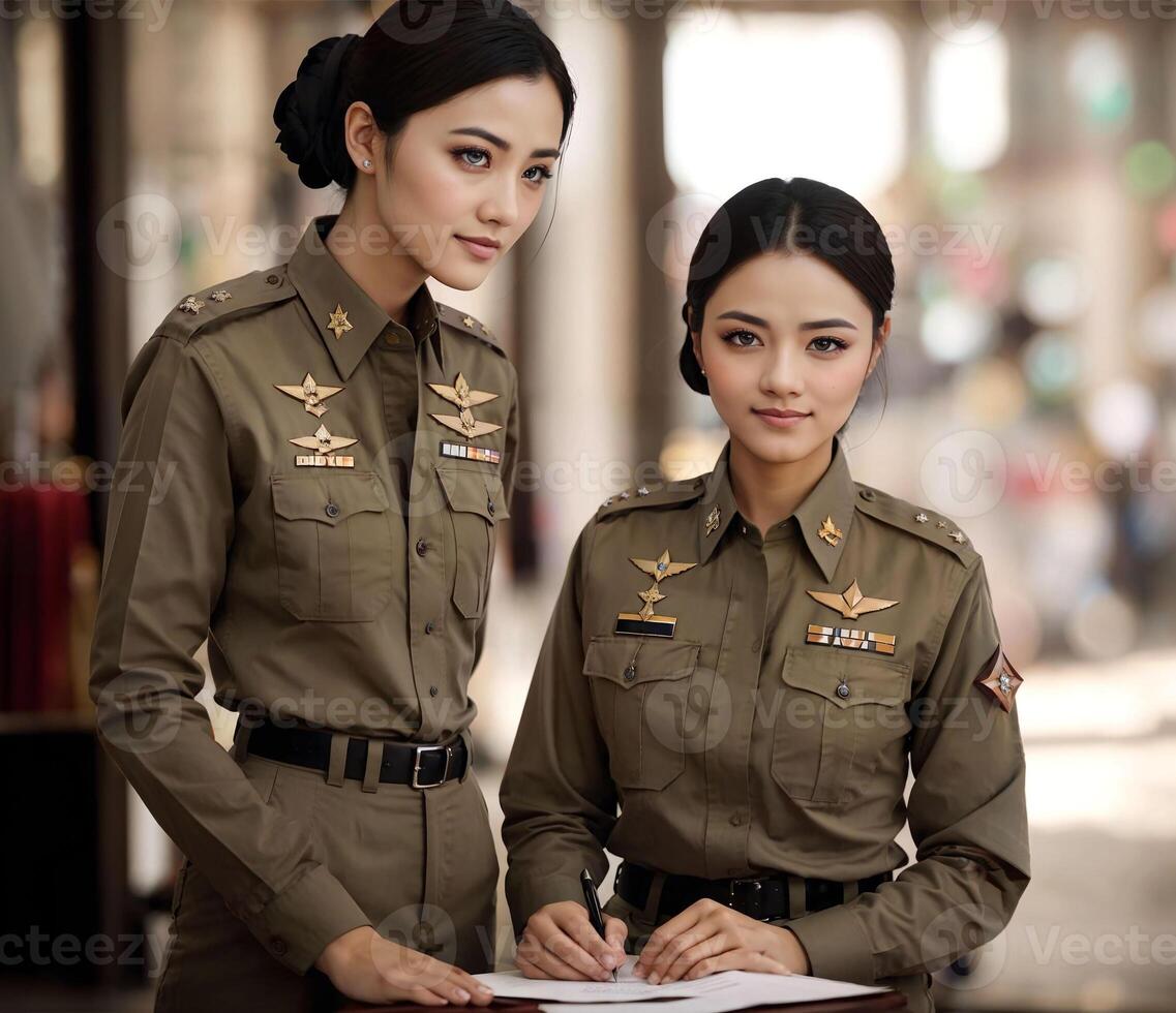 foto di asiatico donna nel tailandese polizia ufficiale uniforme, generativo ai