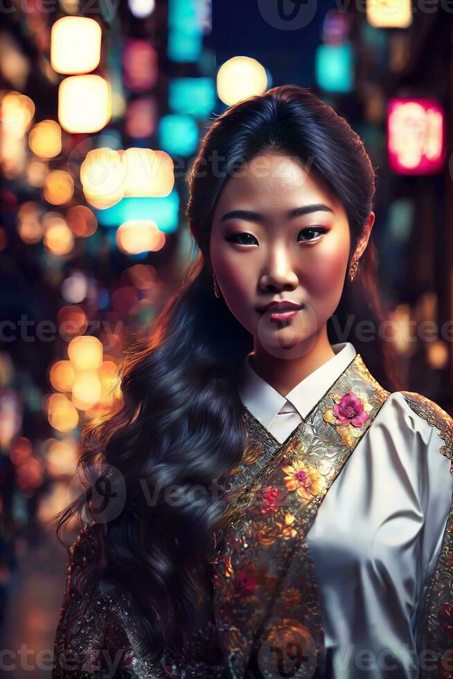 bellissimo giovane asiatico donna con città strada notte nel sfondo, generativo ai foto