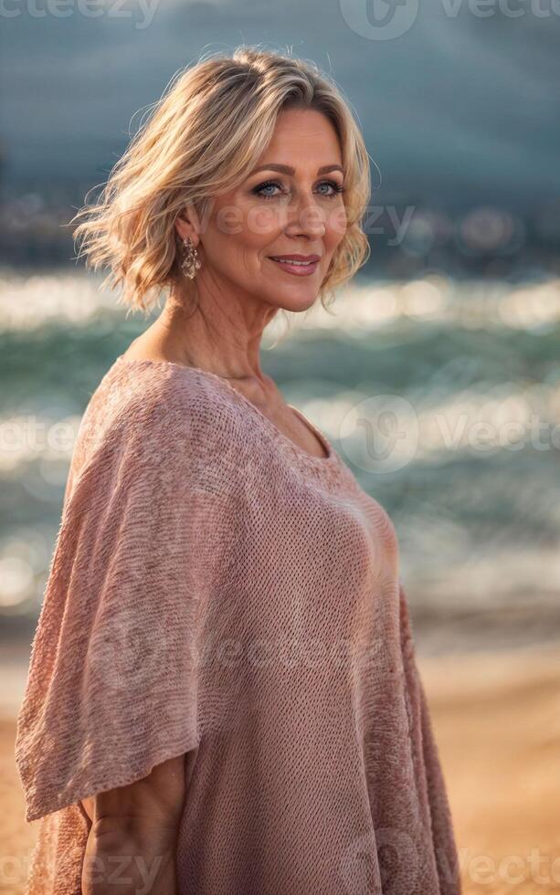 foto di bianca mezzo anziano vecchio signora americano donna nel vestito a il sabbia spiaggia, generativo ai