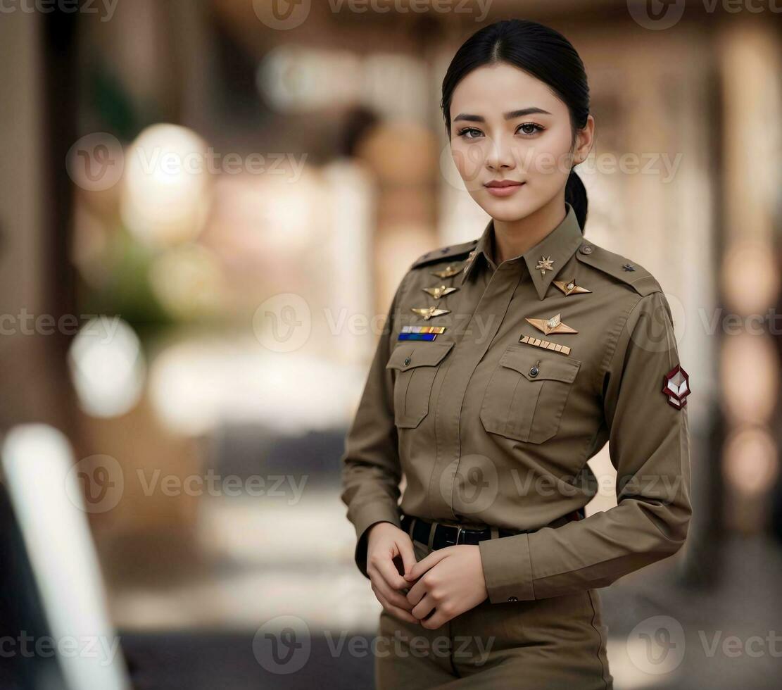 foto di asiatico donna nel tailandese polizia ufficiale uniforme, generativo ai