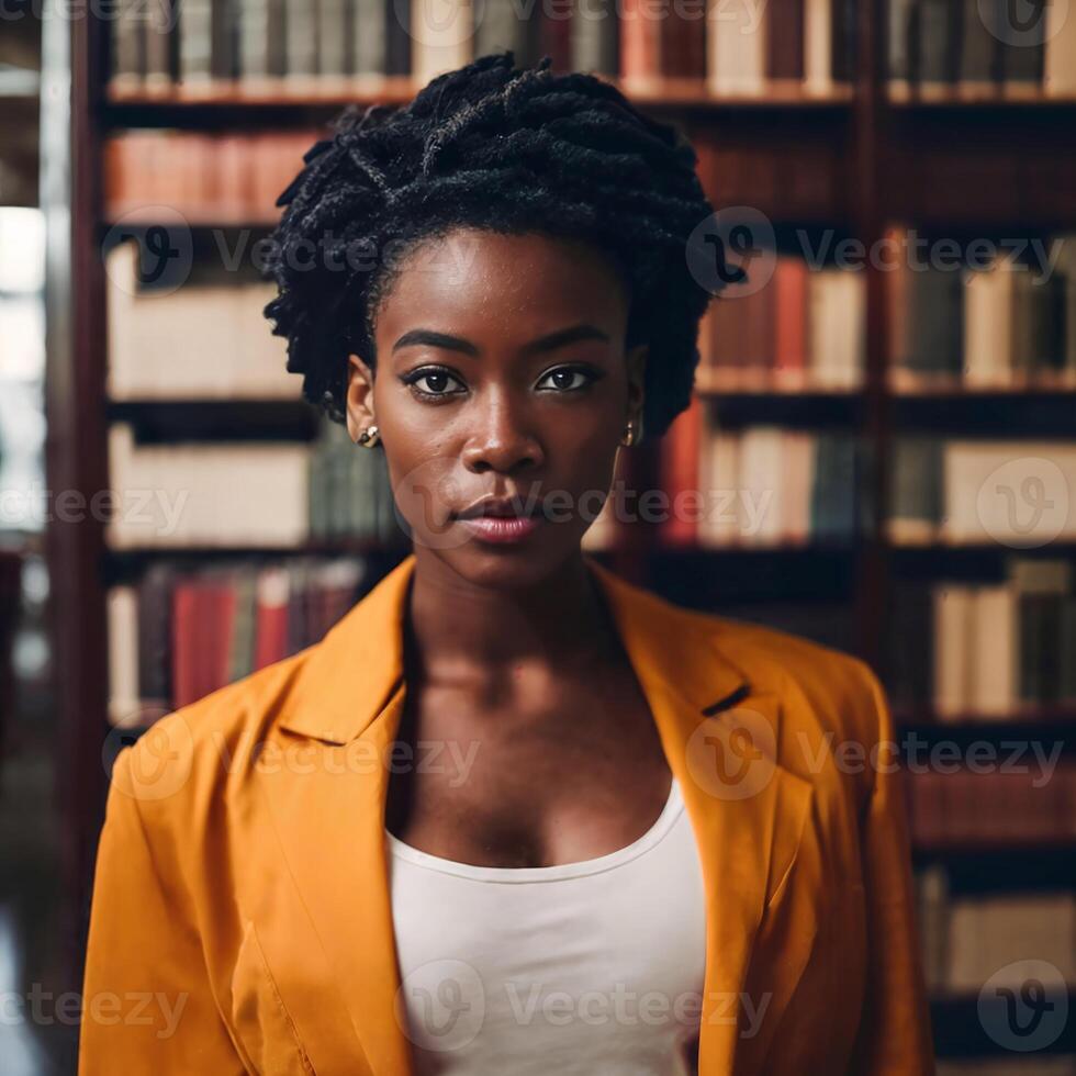 bellissimo africano americano nero donna con biblioteca nel sfondo, generativo ai foto