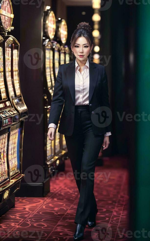 bella giovane asiatico donna a gioco d'azzardo casinò sala, generativo ai foto