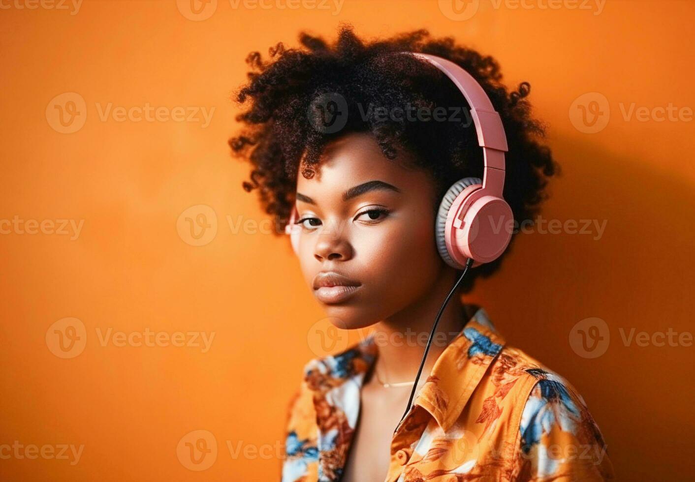ai generativo. un' giovane ragazza ascolta per musica nel cuffia. foto