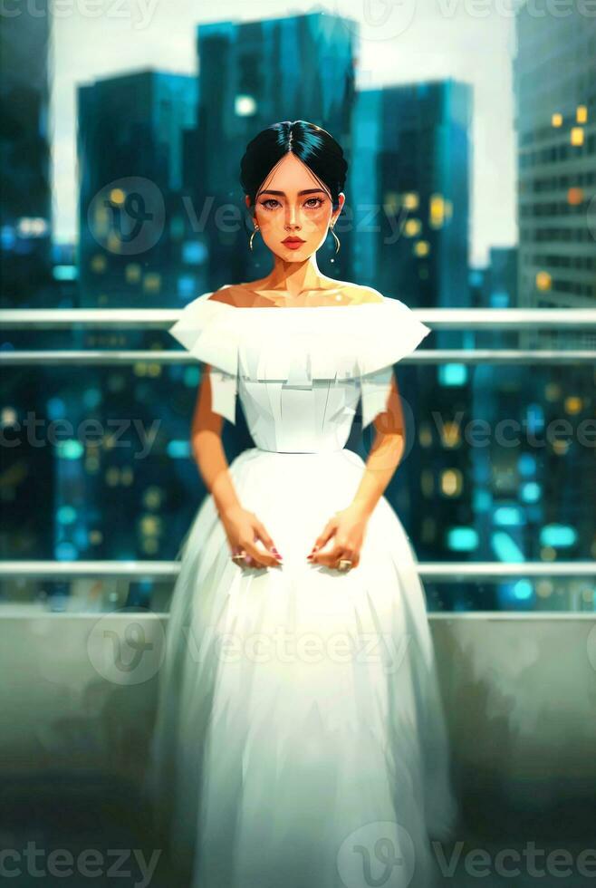 digitale pittura illustrazione di giovane donna con città edificio nel sfondo, generativo ai foto