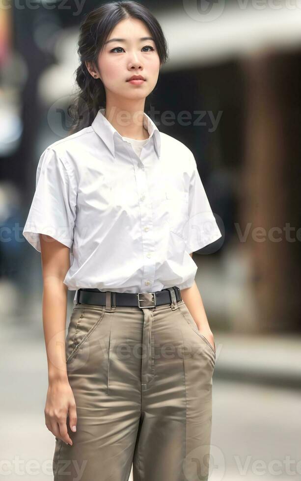 tailandese persone nel Tailandia tecnico Università uniforme bianca camicia e ansimare, generativo ai foto