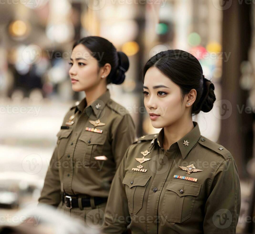 foto di asiatico donna nel tailandese polizia ufficiale uniforme, generativo ai