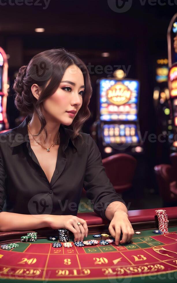 bella giovane asiatico donna a gioco d'azzardo casinò sala, generativo ai foto